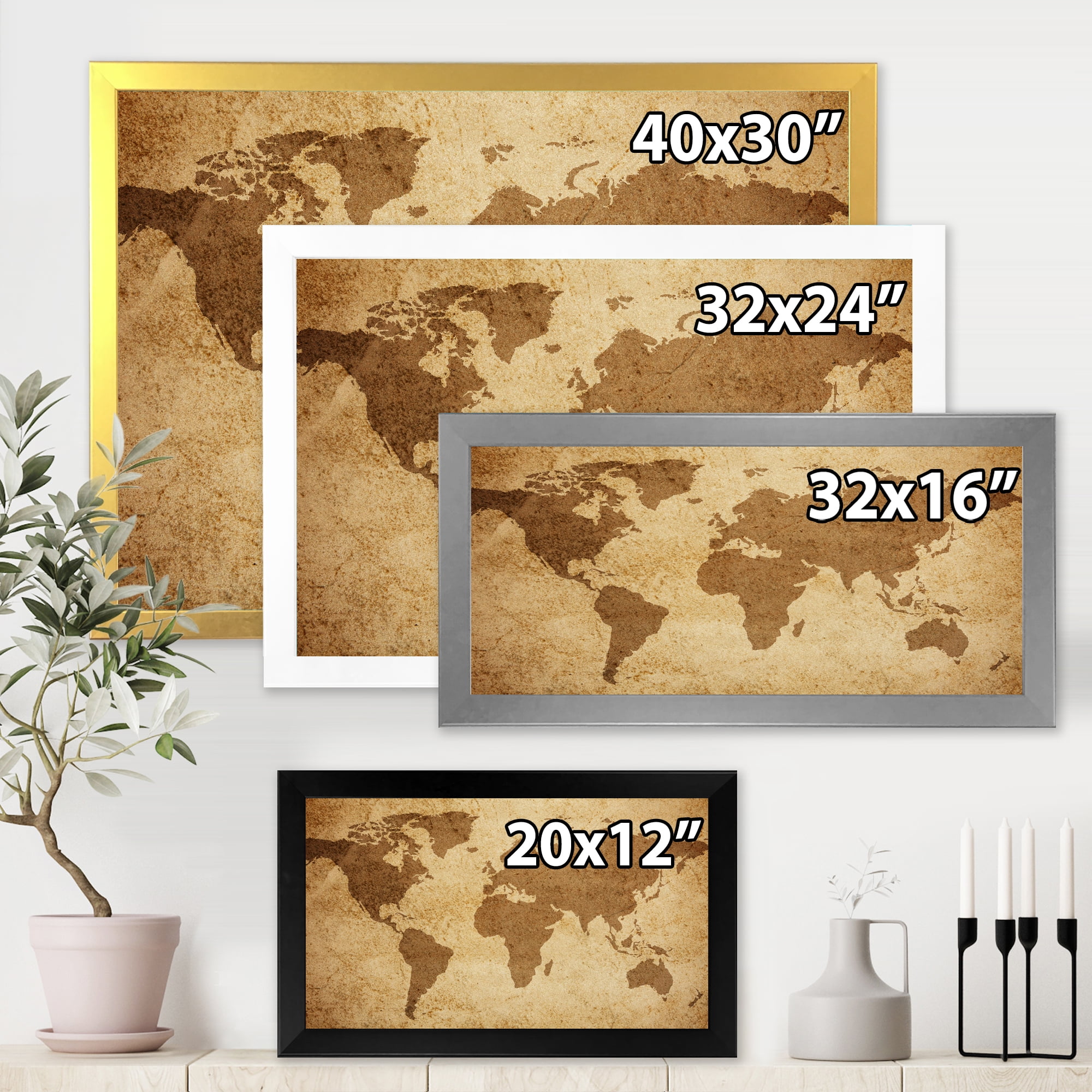 Designart 'Ancient World Map V' Vintage Framed Art Print