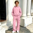 thumbnail image 5 of Glisme Girls Outfit Set Solid Color Long Sleeve Hooded Tees With Pocket Pants Set Cozy Soft Girls Outfit Size 11-12 Years Pink, 5 of 7