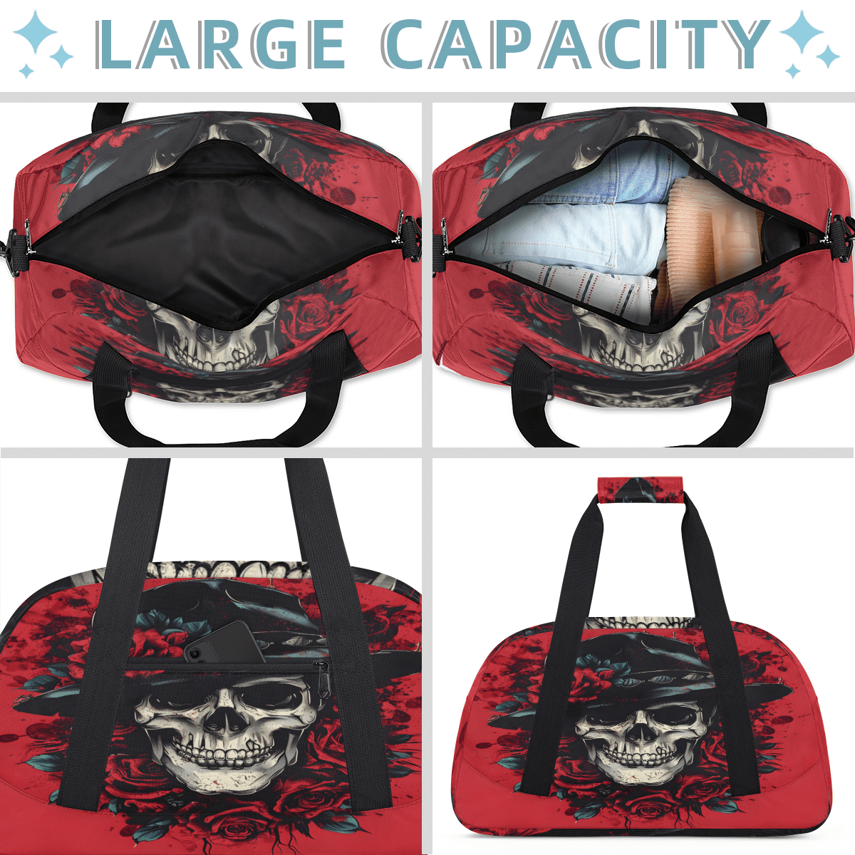 Herdesigns Gothic Skull Skeleton Sports Duffle Bag for Women & Men, Red Rose Gym Bag Dance Bag Overnight Bag Carry On Weekender Travel Bag