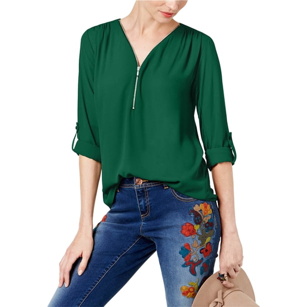INC Blusa de punto utilitario de medios mixtos para mujer, verde, mediano
