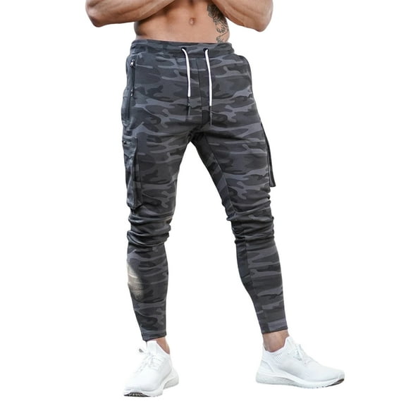 Men Joggers Pants Sweatpants Camouflage Drawstring Elastic Waist Streetwear Cargo Pants Skinny Sports Trousers for Training Gym Workout Fitness
