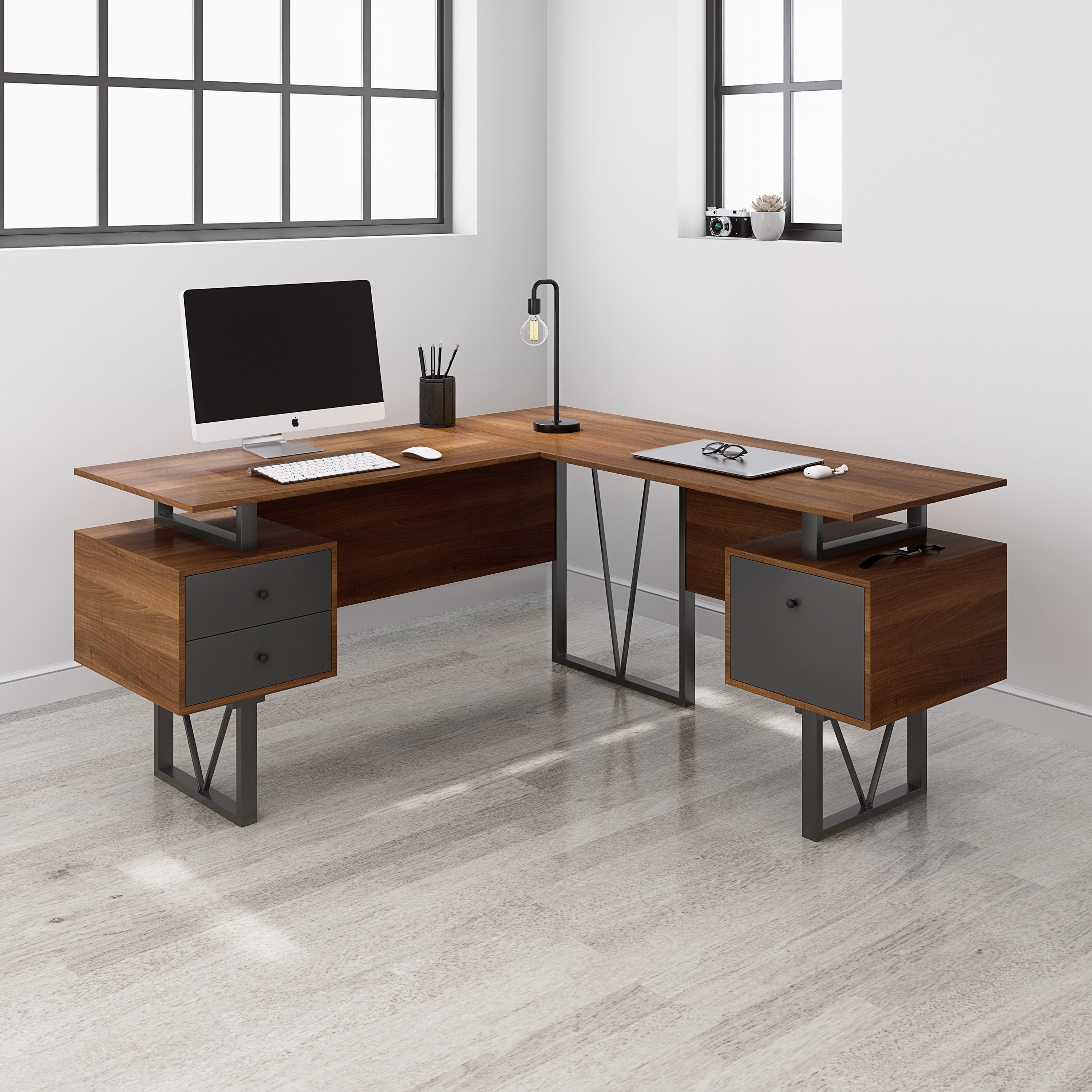 Techni mobili modern l shaped computer desk with file cabinet and storage deals