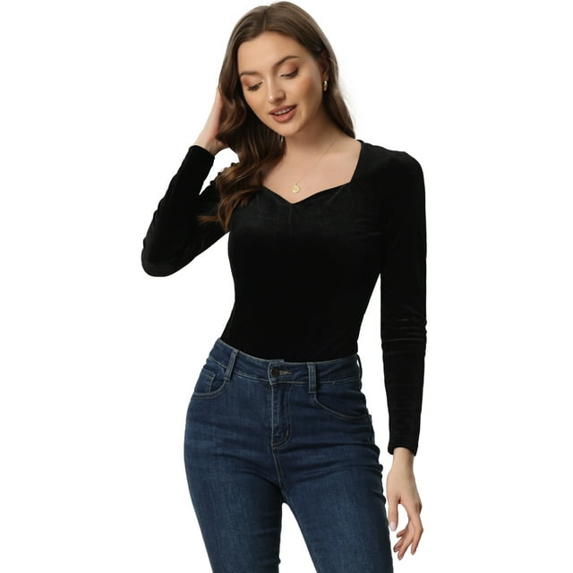 Top de terciopelo para mujer con cuello en forma de corazón elegante camiseta de manga larga Negro XL