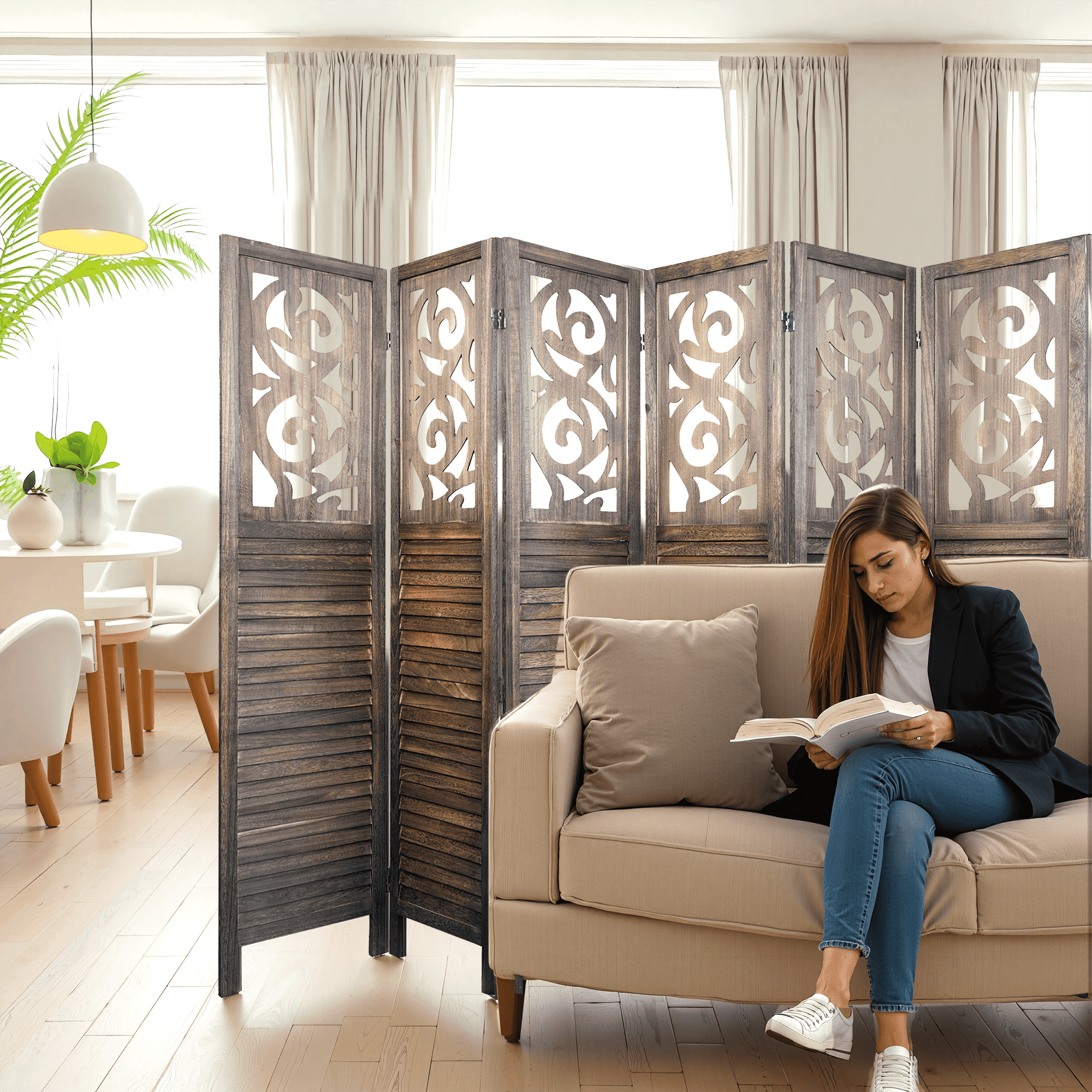 MAYEERTY 6 Panel Freestanding Room Dividers, 6FT Carved Wood Folding Privacy Screens, Rustic Brown