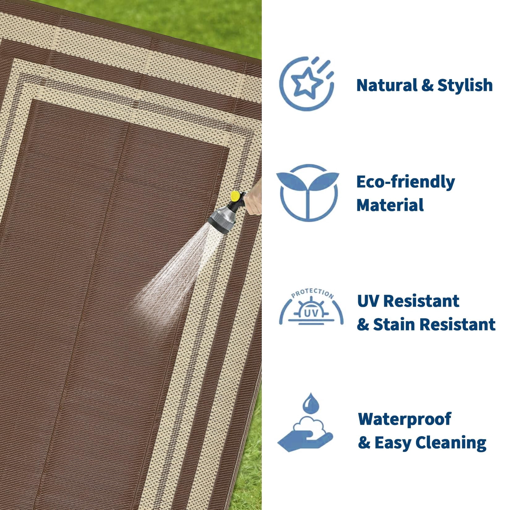 Outdoor Plastic Straw Rug 8x10 Reversible Patio Rug Outdoor Rugs Waterproof Camping Rugs Portable Outside Floor Mat for RV Porch Balcony Patio Camping Picnic Beach Coffee/Beige Panel