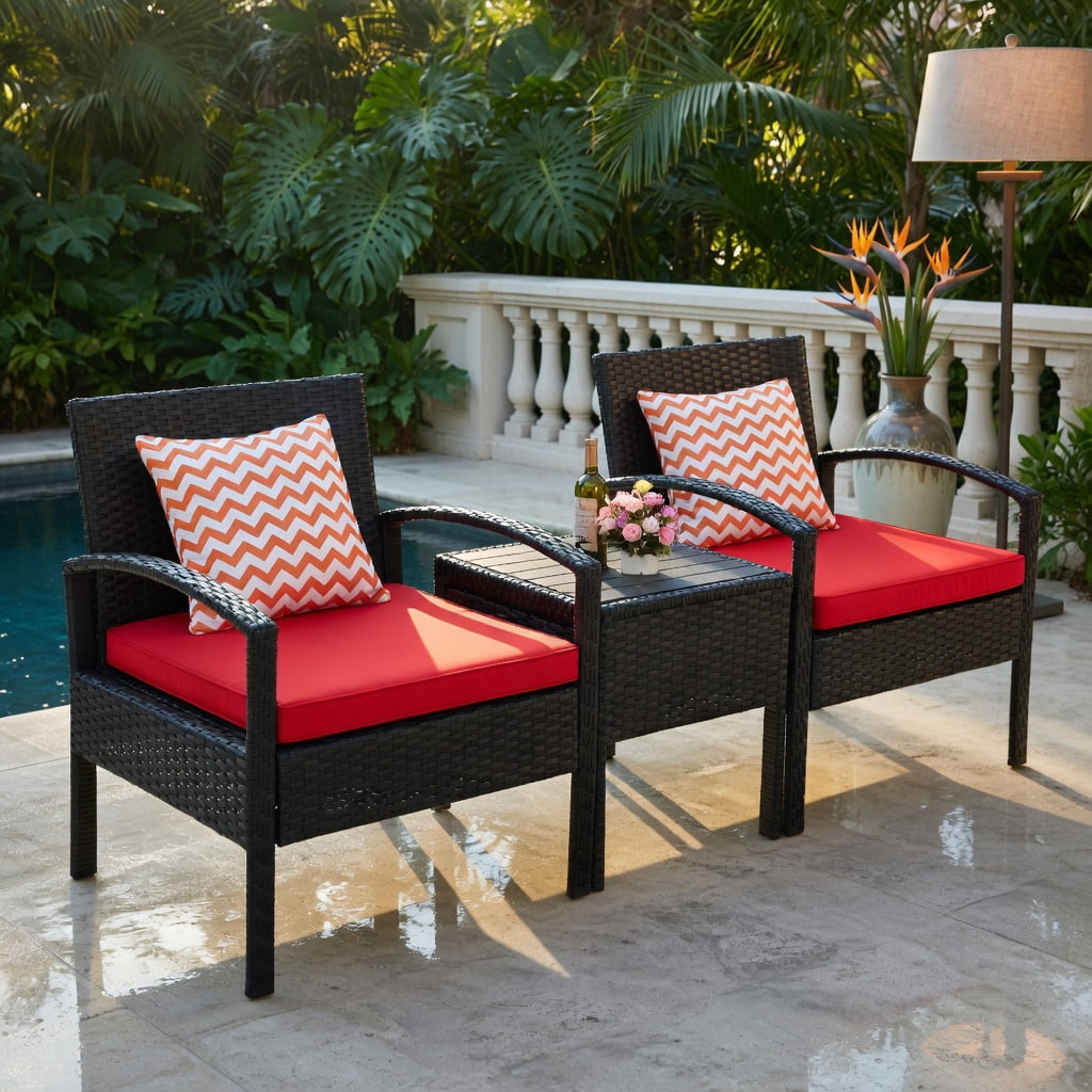 Hommoo 3-Piece Outdoor Wicker Patio Conversation Set, Rattan Chairs + Red Cushions + Tempered Glass Table for Backyard, Balcony & Poolside, Red