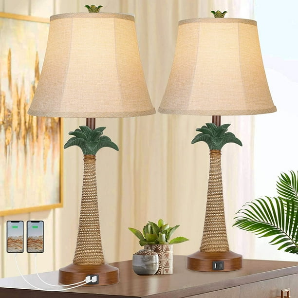 Set of 2 Coastal Palm Tree Table Lamps with 2 USB Ports for Living Room