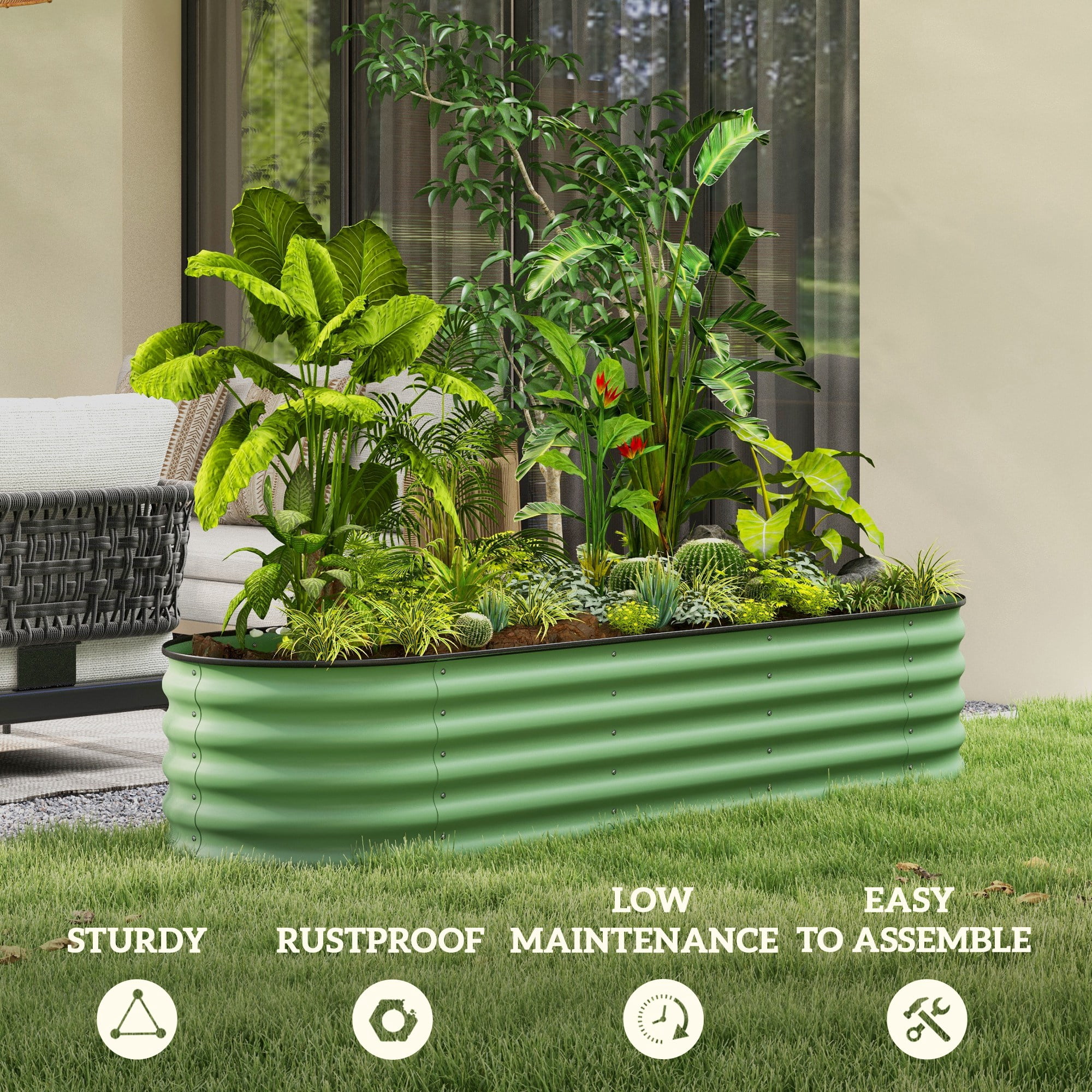Galvanized Raised Garden Bed Kit, Outdoor Metal Elevated Planter Box with Safety Edging, Easy DIY Stock Tank for Growing Flowers, Herbs & Vegetables, Green