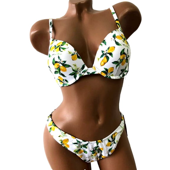 Victoria's Secret White Lemon Push Up Swim Set Bikini Top Bottom 2 Piece 38D-Large NWT