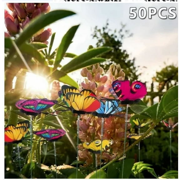 Fznkrag 50Pcs Garden Butterfly Stakes Outdoor Yard Planter Flower Pot Bed Ornaments Decor Butterflies on Metal Wire Plant Stake