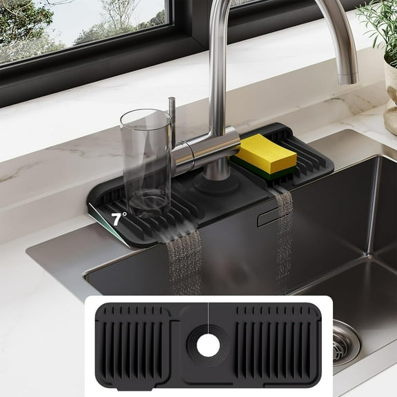 24 Inch Kitchen Sink Faucet Mat, 7° Slope Silicone Splash Guard with Fasten Buttons - Water Draining Drying Mat for Bathroom & Laundry Room