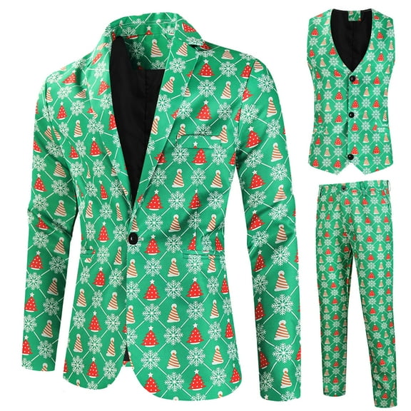 Christmas Suits for Men 3 Piece Funny Xmas Graphic One Button Vest Jacket and Pants Business Suits Casual Slim Fit Holiday Outfits Party Tuxedo Suits