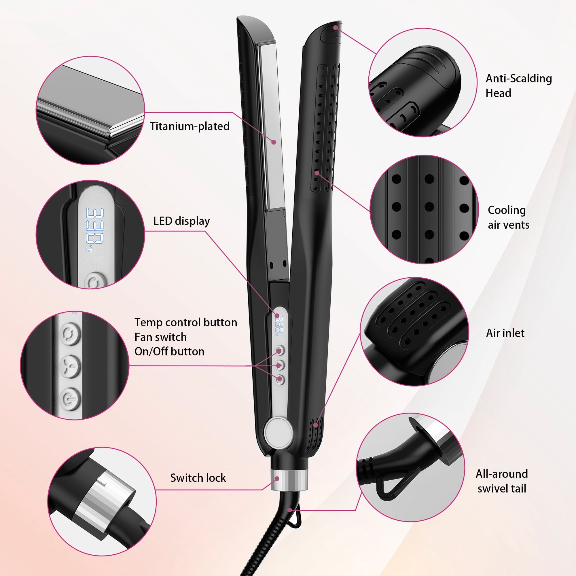 Nicebay Airflow Styling, Hair Straightener, 1 inch Curling Wand Cool Air Vent, 5 Temp, Universal Voltage
