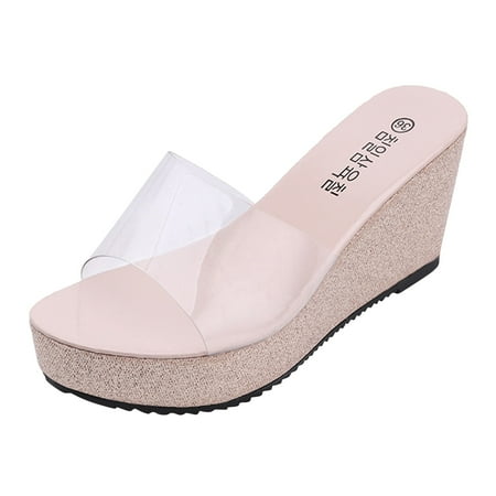 OJSFQUFP Sandals Womens Women  Thick Soled Slope Heel Slippers Sequin Transparent Slope Heel Sandals Wear A Line Of Sponge Cake Thick Soled Shoes Cute Womens Slippers Beige 39