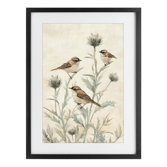 Stupell Industries French Country Sparrows on Thistle Stems Black Framed Print Under Glass, 14 x 20, by Petals Prints Design