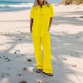 thumbnail image 5 of Bovemsi Women's Solid Color Cotton Linen Shirt & Pants Set – Short Sleeve Drawstring Waist Vacation Suit, Yellow, XL, 5 of 5