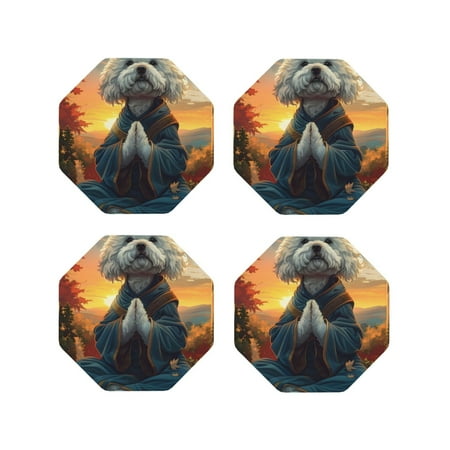 

Pofeuu Sunset Meditating Bichon Frise Print Coasters for Drinks 4Pack PU Leather Coasters Bar Drink Coasters for Tabletop Protection Furniture from Damage-Octagon