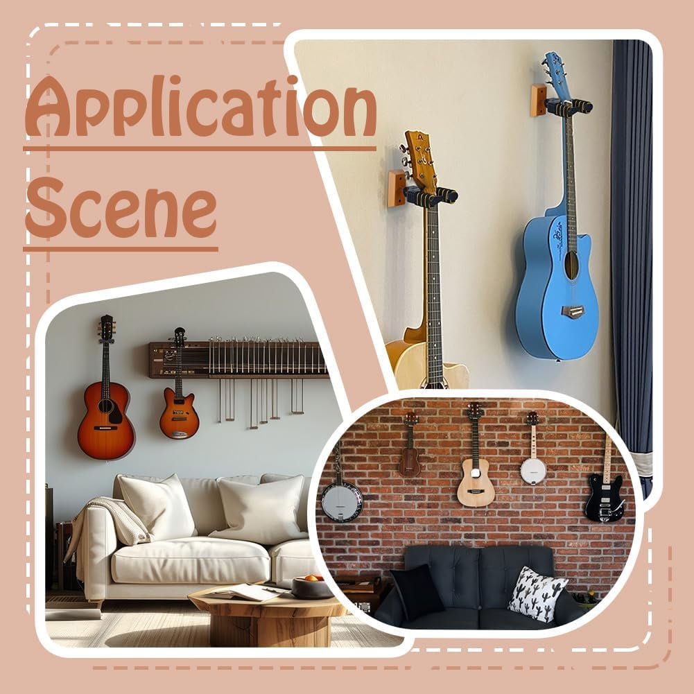 4 Pcs Guitar Wall Mount Black Wood Guitar Holder Hooks Auto Lock Guitars Wall Hanger for Classical Acoustic Electric Guitars Bass Gift