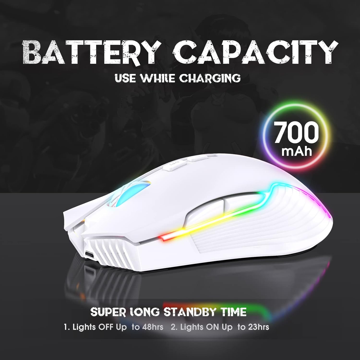 Rechargeable Wireless Gaming Mouse, Ergonomic RGB Computer Mouse with 2.4G Receiver, RGB Backlight, Adjustable DPI Up to 3600, 7 Buttons (Not Programmable) for Windows Vista Linux (White)