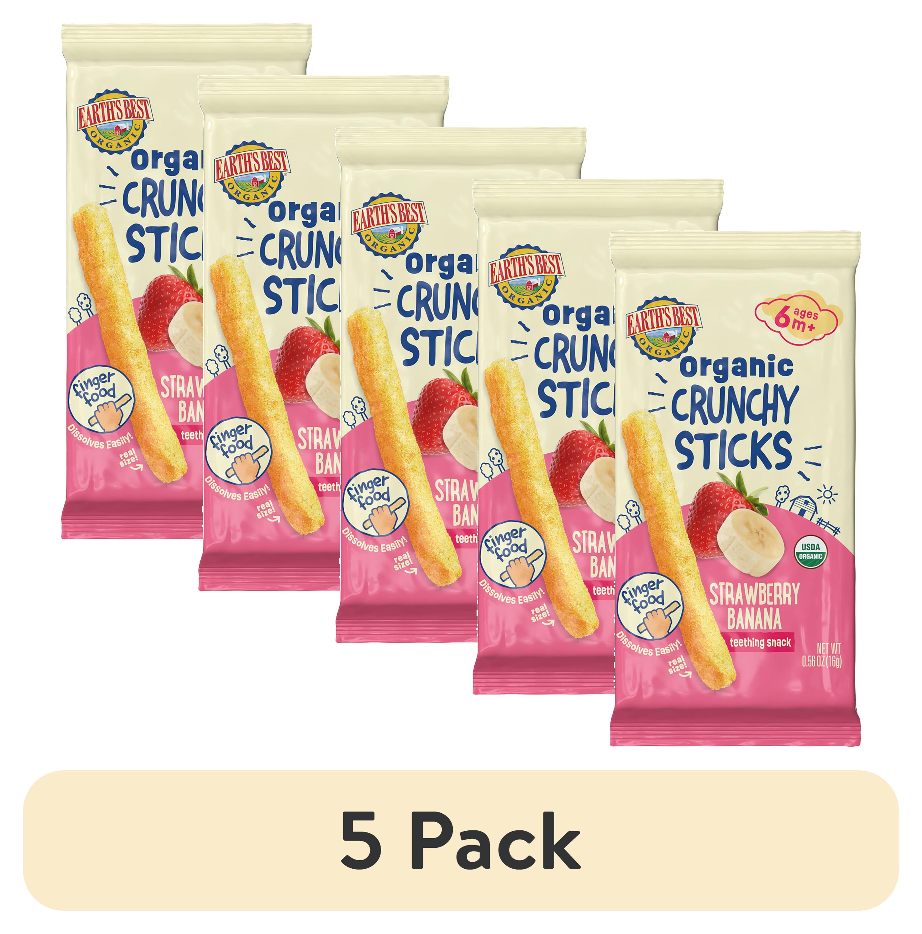 (5 pack) Earth's Best Organic Teething Crunchy Sticks Strawberry Banana Puffed Baby Snack, 0.56 oz Bag