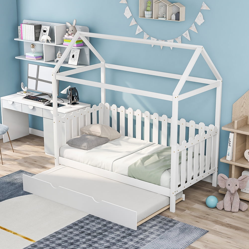 Veryke Twin Size House Bed with Trundle and Guardrail for Kids in White