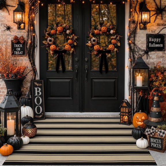 Striped Outdoor Rug 3'x5', Halloween Door Mat, Cotton Woven Washable