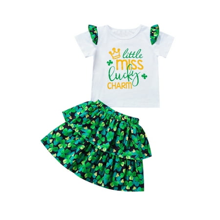 

Nokpsedcb St. Patrick s Day Kids Baby Girls Clothes Ruffle Letter Short Sleeve T-shirt+Clover Layered Skirt Sets White 3-4 Years