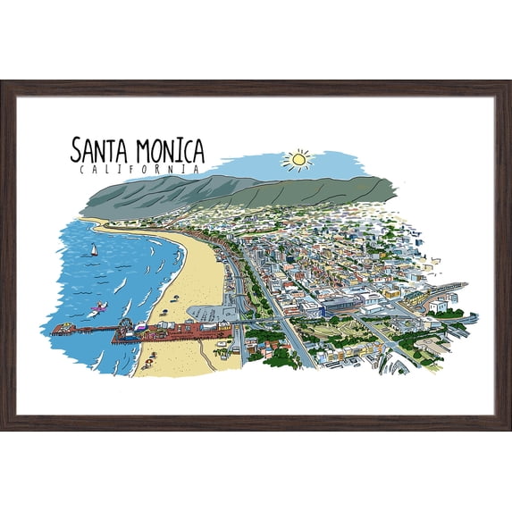 Santa Monica Pier Line Drawing - Lantern Press Artwork (36x24 Giclee Art Print, Gallery Framed, Espresso Wood)
