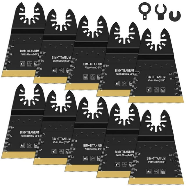 Oscillating Saw Blades - 10Pcs Bi-Metal Titanium Coated Multitool Blades Sharp Wear-Resistant Fast Cutting with Gasket Adapters for Wood Plastic Metal Cutting