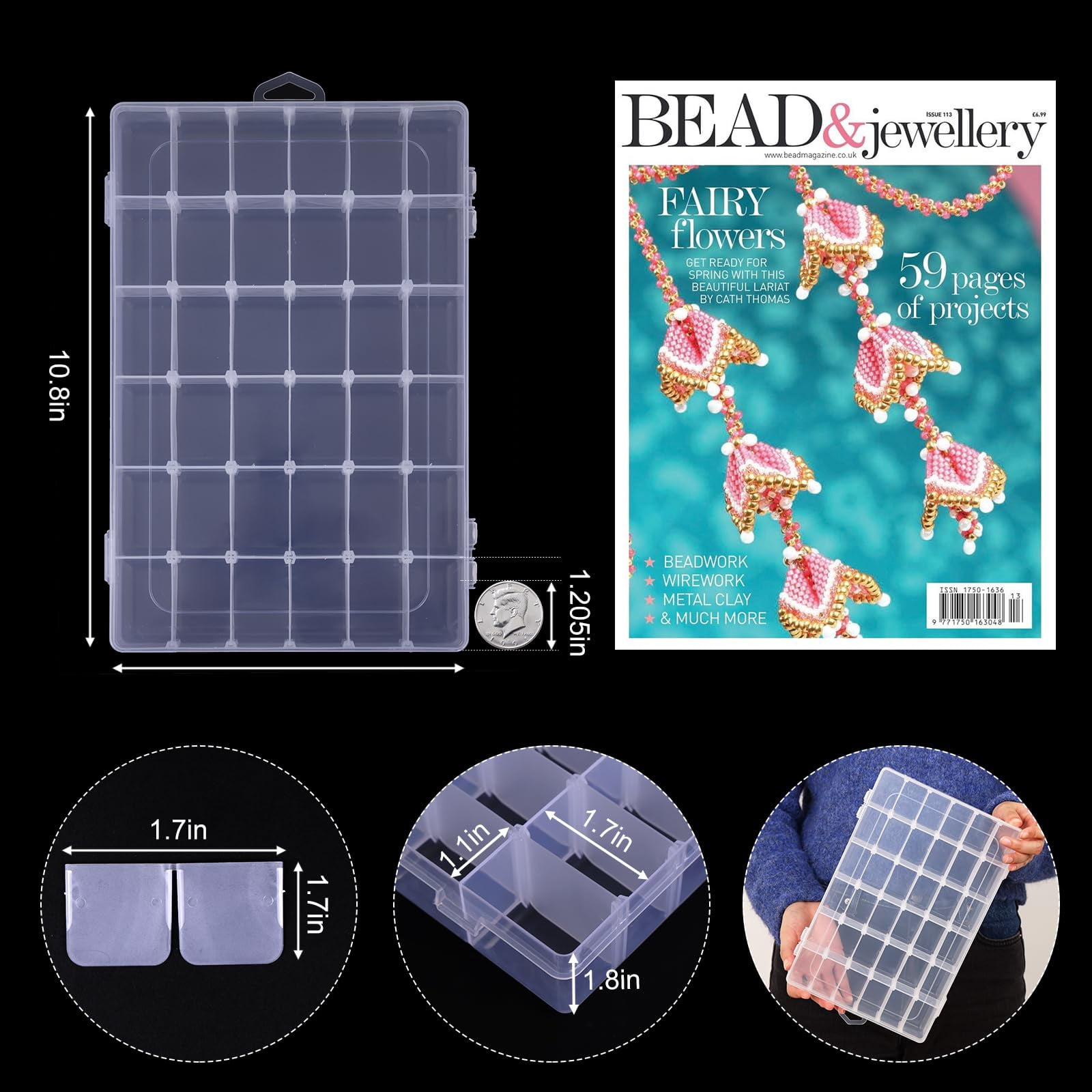 4 Pack 36 Grids Plastic Bead Organizer Box With Dividers  Clear Craft Tackle Parts Storage Containers Compartments For Fishing Art Diy 5 Sheets Label Stickers