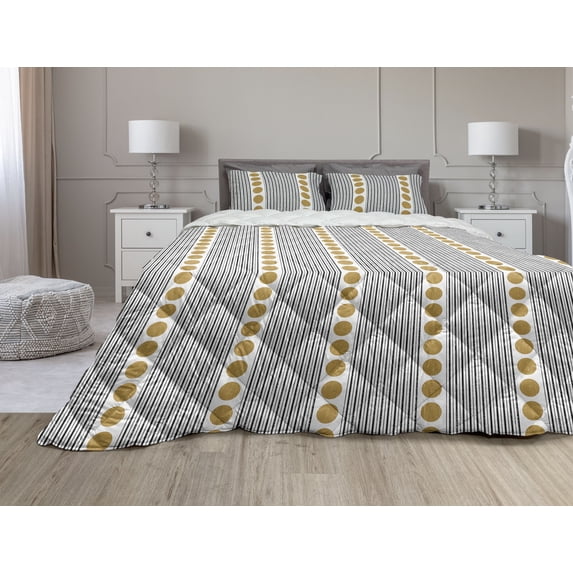 Geometric Comforter & Sham Bedding Set, Vertical Stripes with Circles Grunge Effect Composition Abstract Graphic, 3 pcs Duvet Set Microfiber Filling Quilt, 5 Sizes, Brown Black White, by Ambesonne