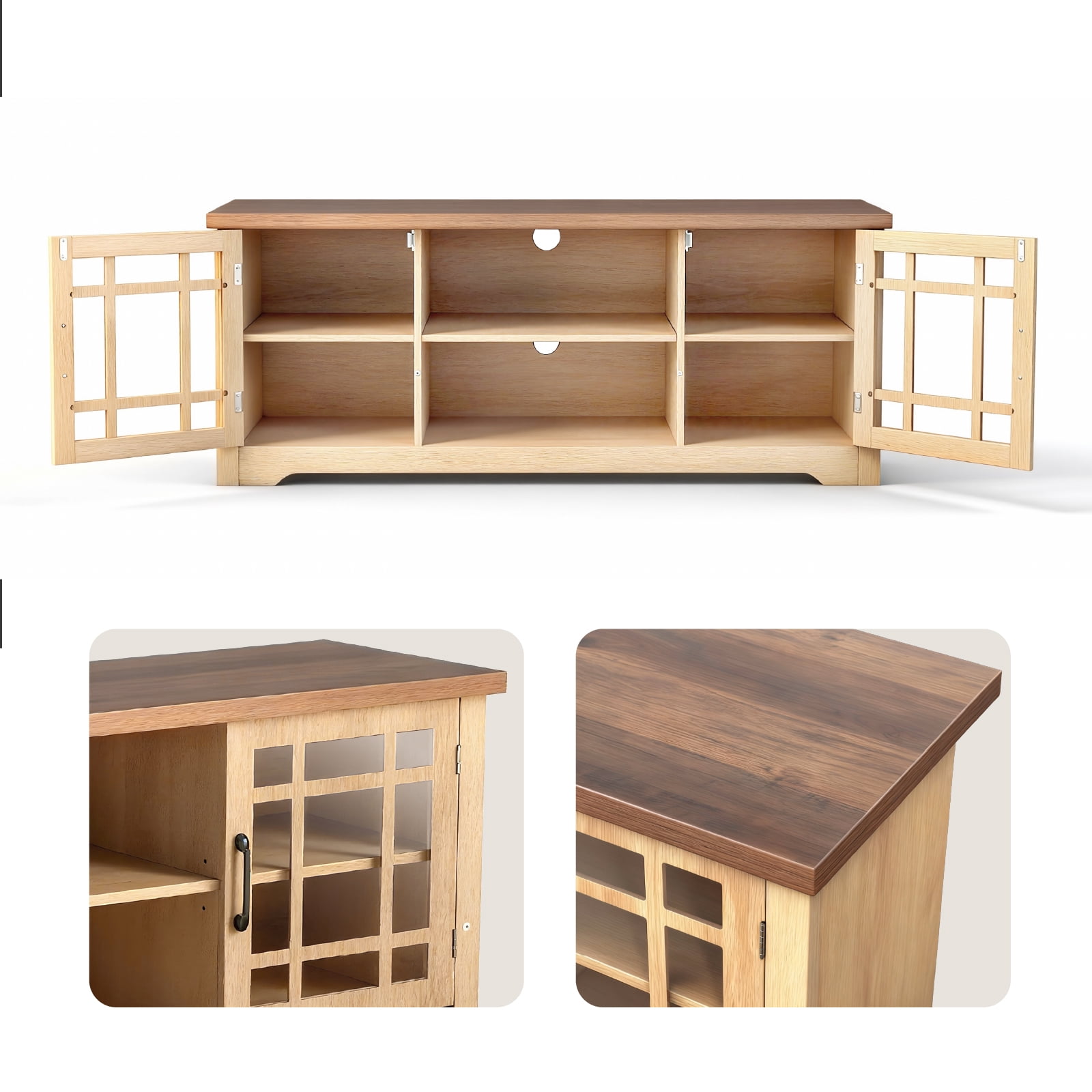 Ktaxon Farmhouse TV Stand with 2 Glass Door, Mid-Century Wood Storage Media Cabinet Entertainment Center for TVs up to 65", Wood and Brown Top