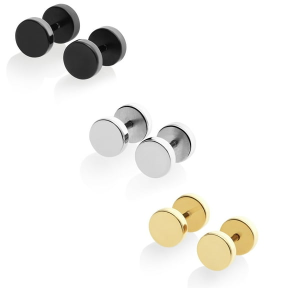 Tilo Jewelry 316 Steel Flat Round Stud earrings 3 Pair Set, Yellow, White, Black for Men, Women, Unisex