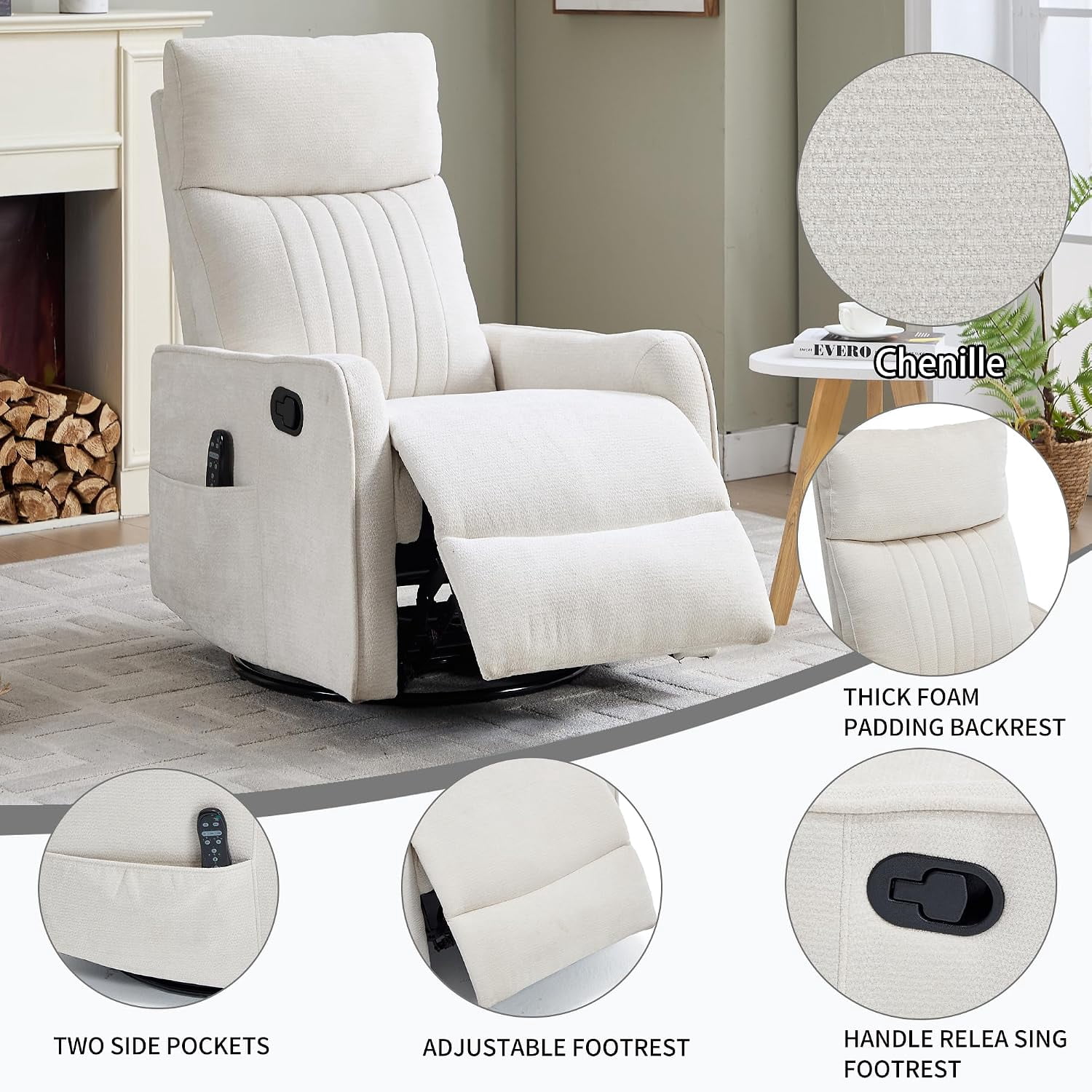 High Back Manual Recliner Chair with Heat & Massage, Swivel Rocker for Living Room Bedroom, Beige