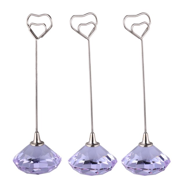 3PCS Heart Iron Wire Note Photo Memo Holder Crystal Diamond Base Place Paper Holders Clips for Home Decor Party (Purple)