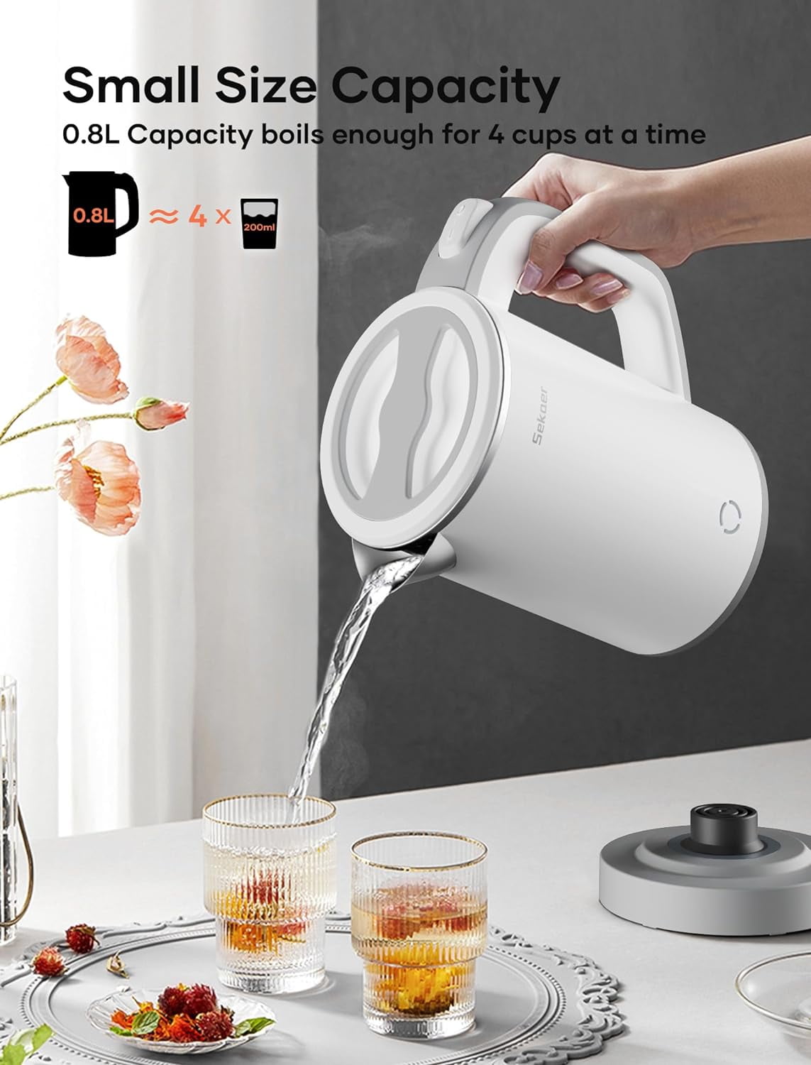 Sekaer Travel Electric Tea Kettle with Auto Shut-Off & Boil Dry Protection, 304 Stainless Steel Mini Portable Water Kettle, Fast Heating Coffee Kettle, Perfect Holiday Gifts White