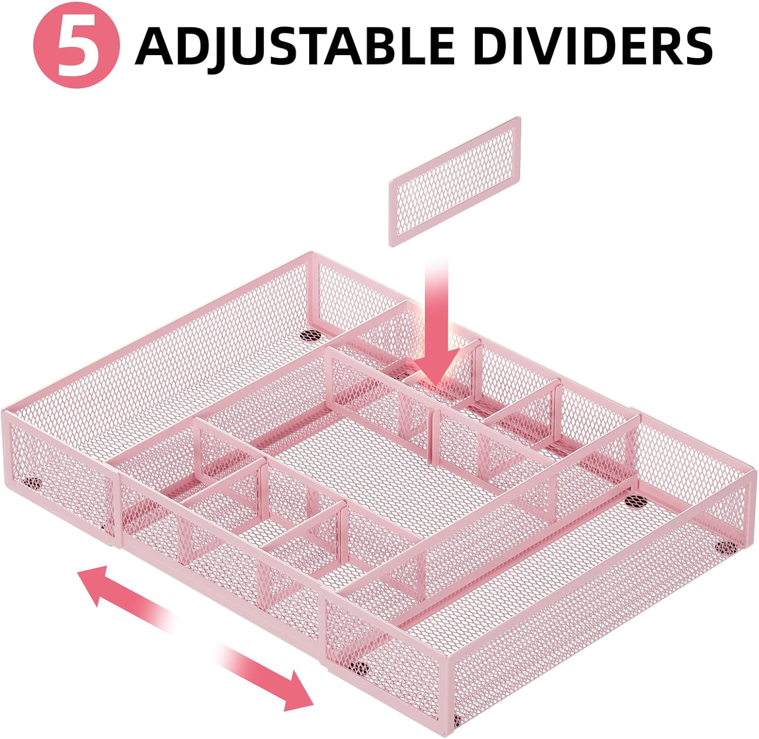 Expandable Desk Drawer Organizer, Mesh Tray with 10 Adjustable Compartments, Desk Organizers for Office Supplies, Makeup & Vanity (Expandable-Pink 2pack)