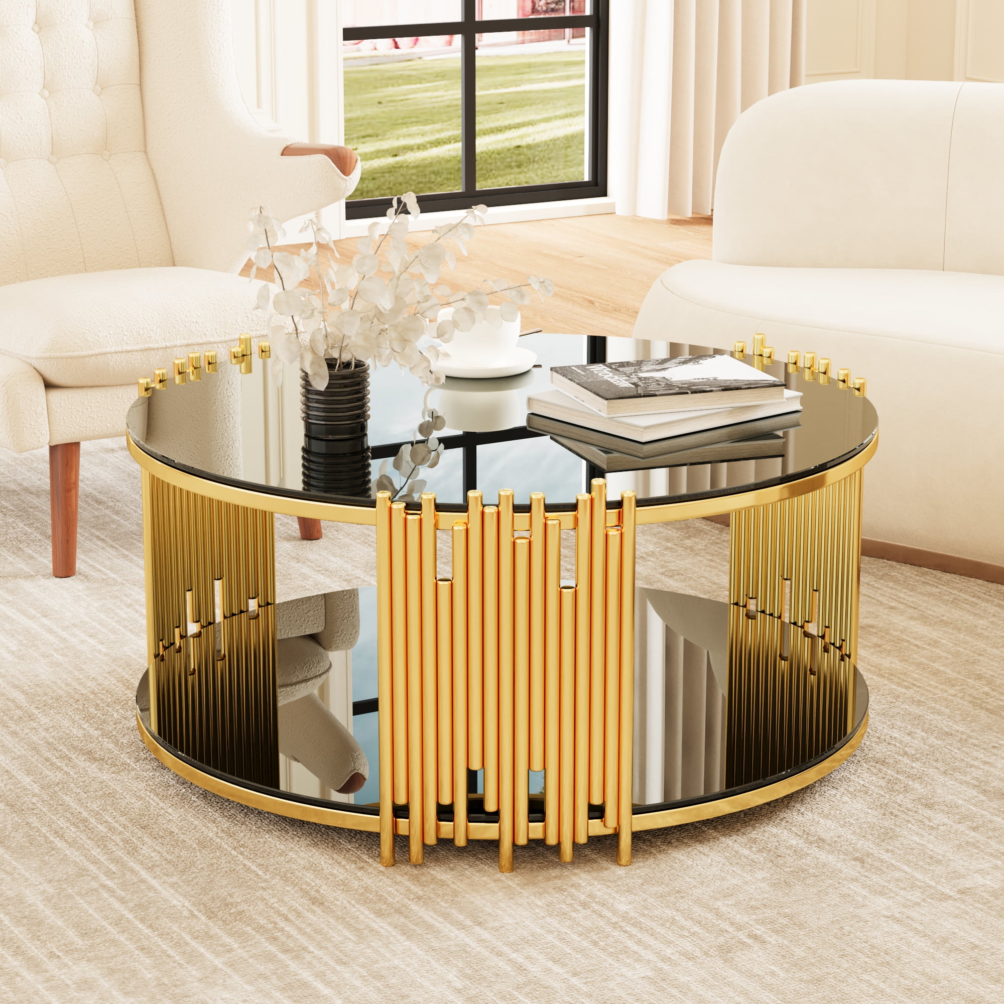 MAYEERTY Modern Minimalist Light Luxury Stainless Steel Circular Coffee Table – Black Tempered Glass Top, Living Room Table