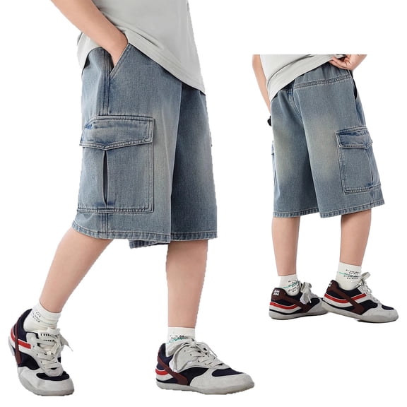 Blue Boys Cargo Jean Shorts for Kids Knee Length Elastic Waist Pants Casual Loose Fit Summer Short Pants with Pockets 13-14 Years