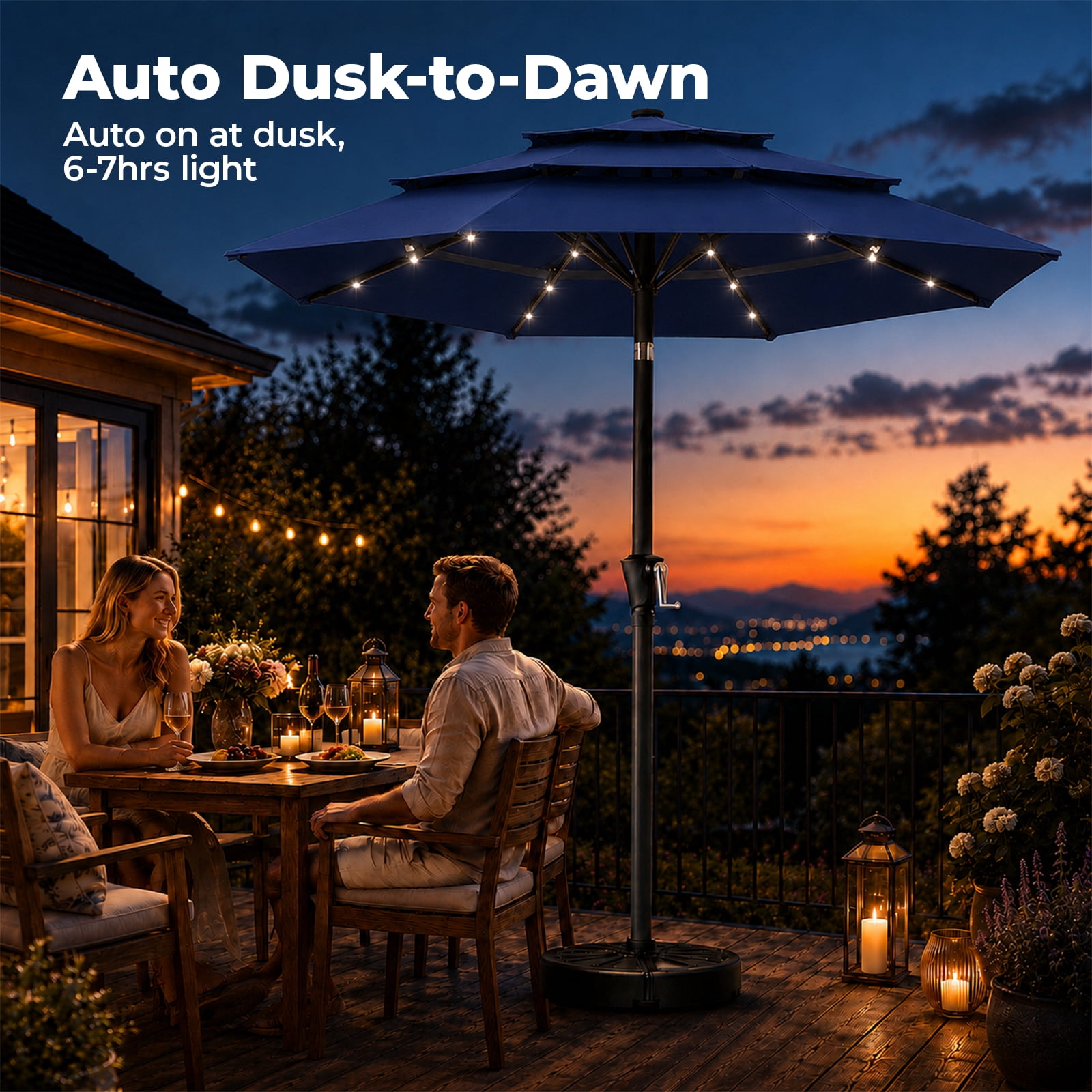Alvantor 9ft 3‑Layer Solar Patio Umbrella Outdoor with 32 LED Lights, UV50+ Auto Dusk‑to‑Dawn for Dining Table, Outdoor Sofa & Beach Lounger