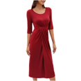 thumbnail image 2 of SMihono Robe d'Été Grande Taille pour Femmes 2023 Mode Col Rond Longue Robe Manches Longues Robe Unie, 2 of 9