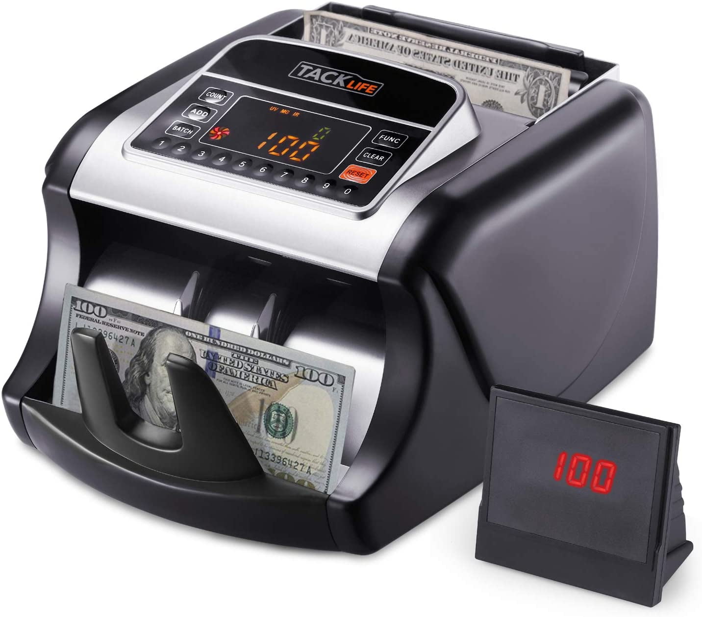 Rechargeable Bill Counting Machine External Display Batch Modes Value Counting Bill Counter USD Money Counter with Counterfeit Bill Detection LED Display UV/MG/IR Detection MMC03 Black 
