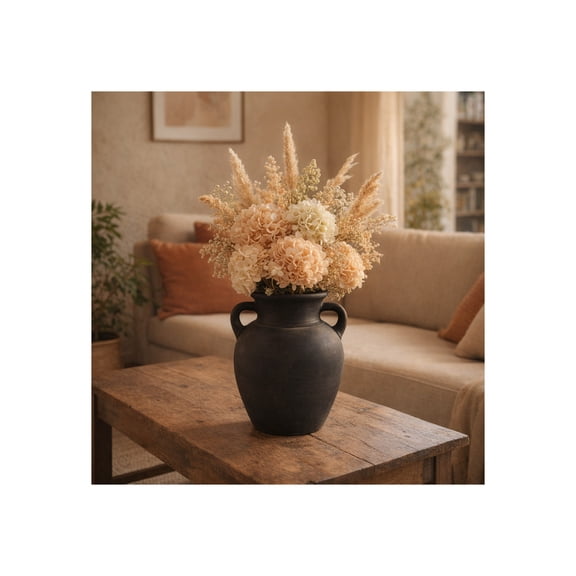 Sagebrook Home Black Boho Terracotta Vase - Amphora-Style Decorative Flower Holder for Home, Office & Living Room - 9" Black