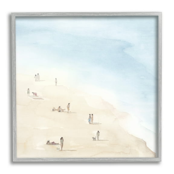 Stupell Industries People Lounging at Beach Soft Blue Coastal Landscape Coastal Painting Gray Framed Art Print Wall Art, 24 x 24, Design by Grace Popp