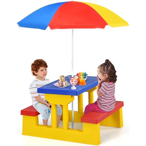 WYDK Kids Picnic Table, Outdoor Toddler Table and Bench Set with Removable Umbrella, Plastic Kids Activity Table Set for Backyard, Garden, Nursery, Gift for Boys Girls Age 3 , Colorful