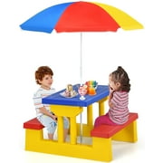 DORTALA Kids Picnic Table, Outdoor Toddler Table and Bench Set with Removable Umbrella, Plastic Kids Activity Table Set for Backyard, Garden, Nursery, Gift for Boys Girls Age 3+, Colorful
