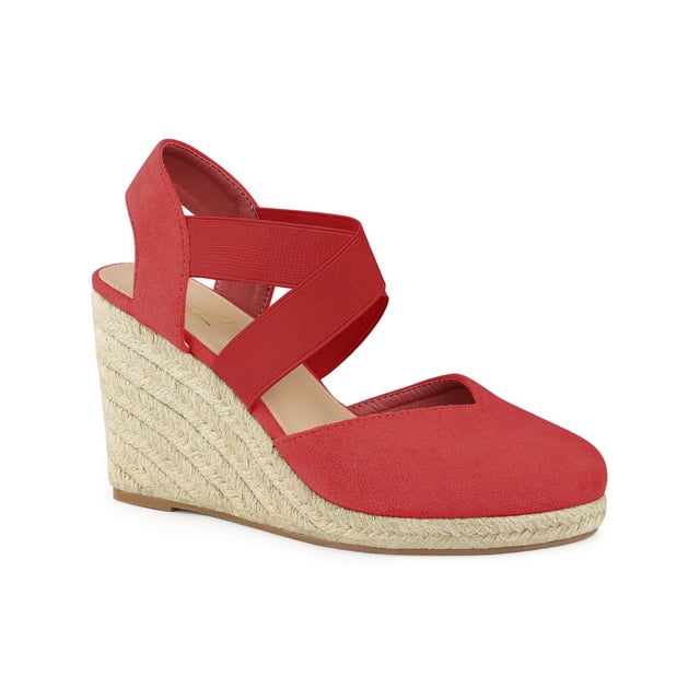 BLISSFUL STEP Women's Shoes Crisscross Strap Closed Toe Espadrille Wedge Heel Sandals Red 7.5