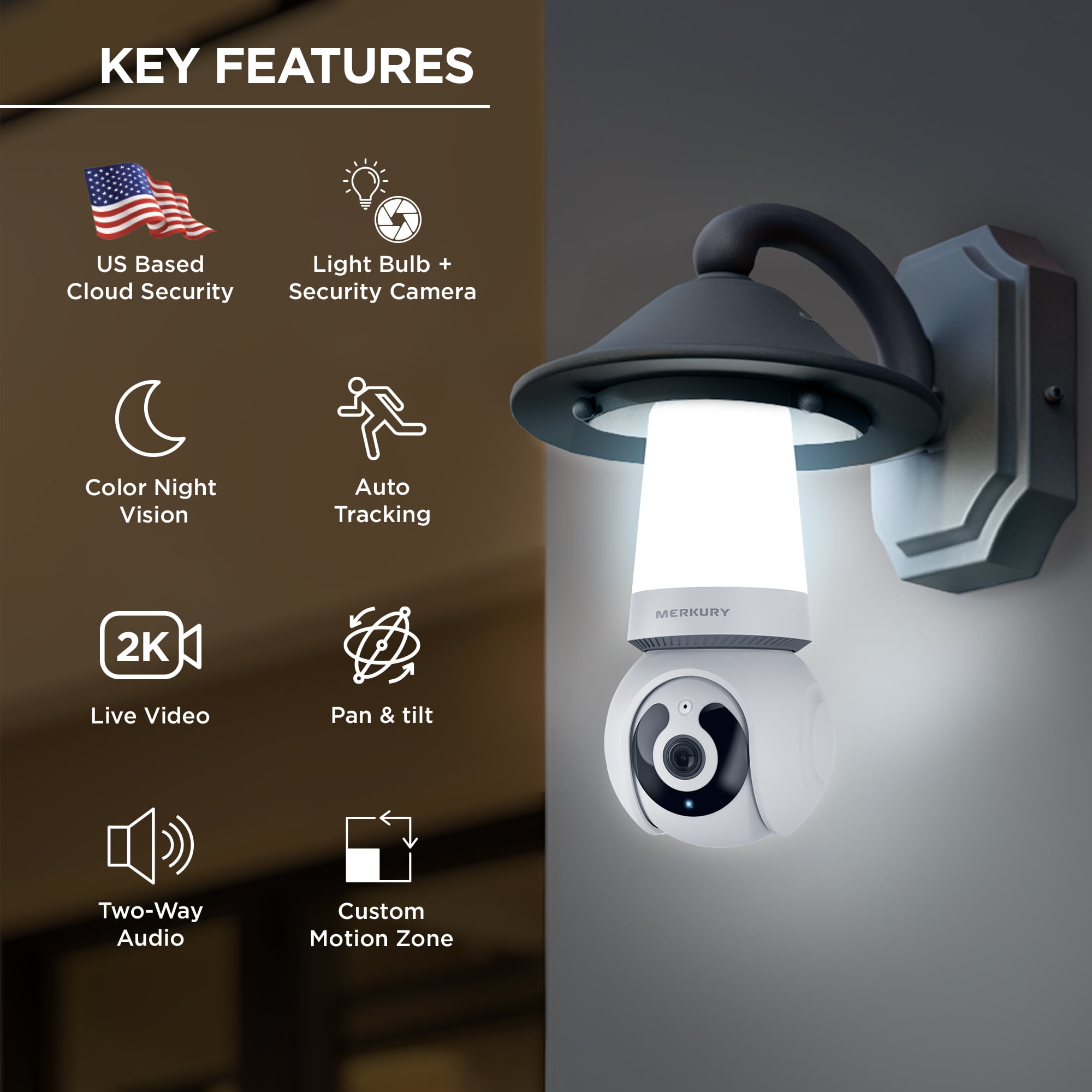Merkury Smart 2K Light Bulb Security Camera, 360° Pan Tilt, 4MP HD Video, Night Vision, Motion Alerts, WiFi Smart Camera with LED Light