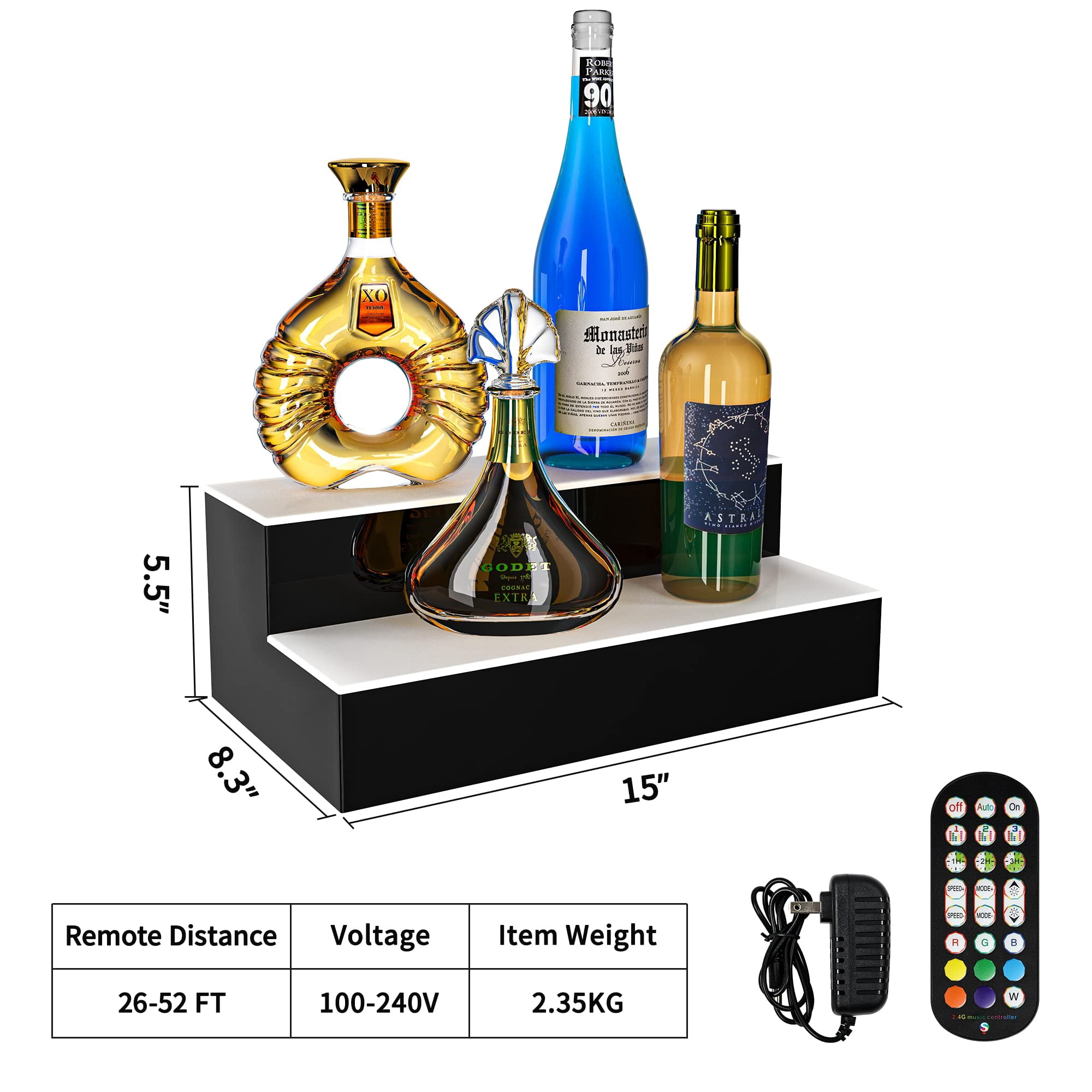Dextrus LED Lighted Liquor Bottle Display Shelves 2-Step 16-inch Supports USB & Power Bank, Acrylic Mounted Whiskey Rack Stand with Remote & App Control