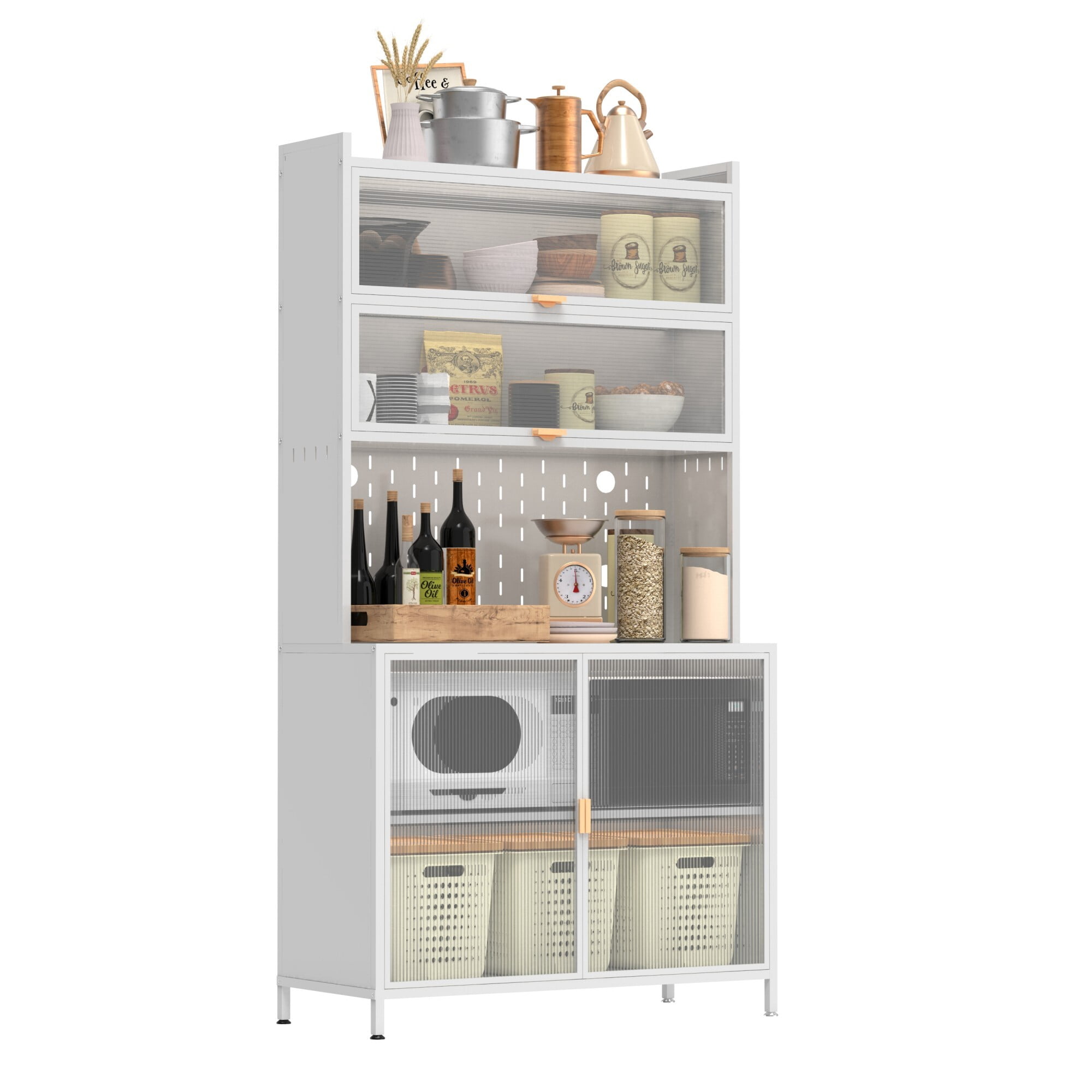 AENKYO 73" 6-Tier Metal Kitchen Pantry Cabinet with Acrylic Flip Doors, Steel Food Storage Organizer Hutch, White